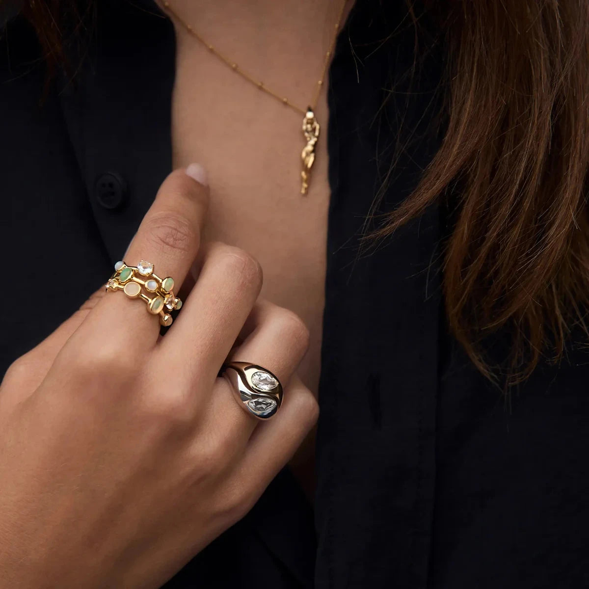 Trendy Stainless Steel Two Color White zircon Double Layers Rings Set