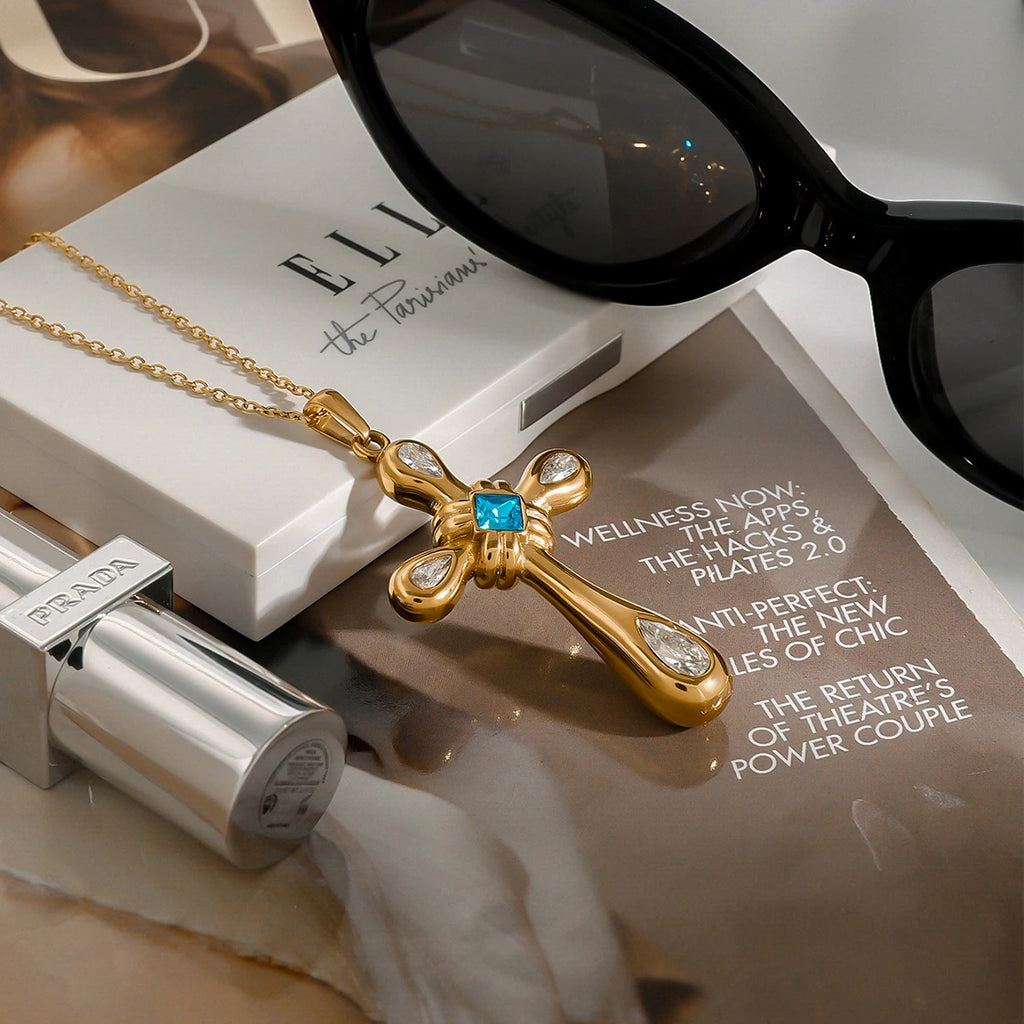 Statement Unique Geometric Zircon Cross Pendant Necklace