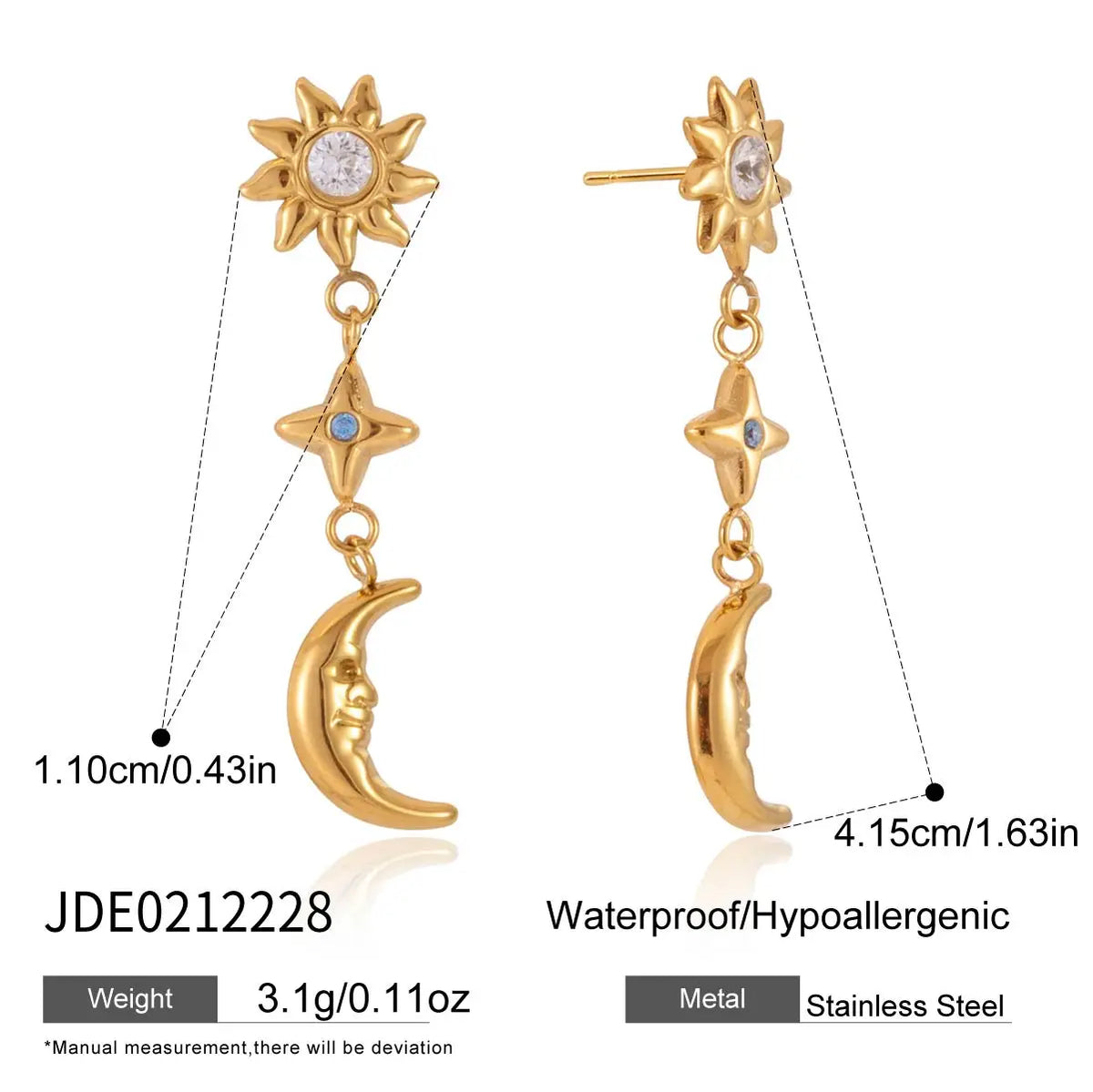 Classic Blue White Zircon Sun Moon Star Earrings