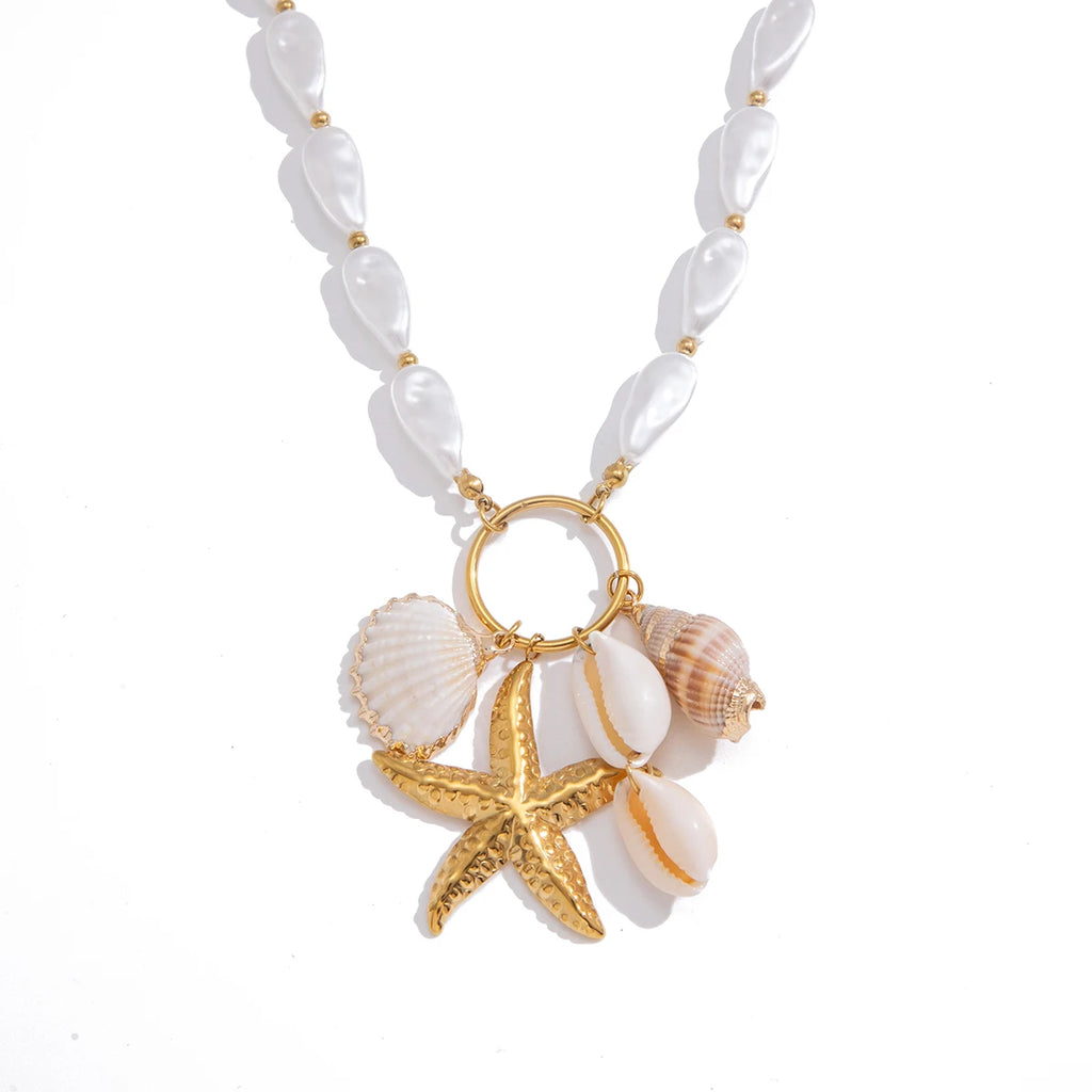 Pearl Chain Starfish Shell Pendant Necklace And Earrings