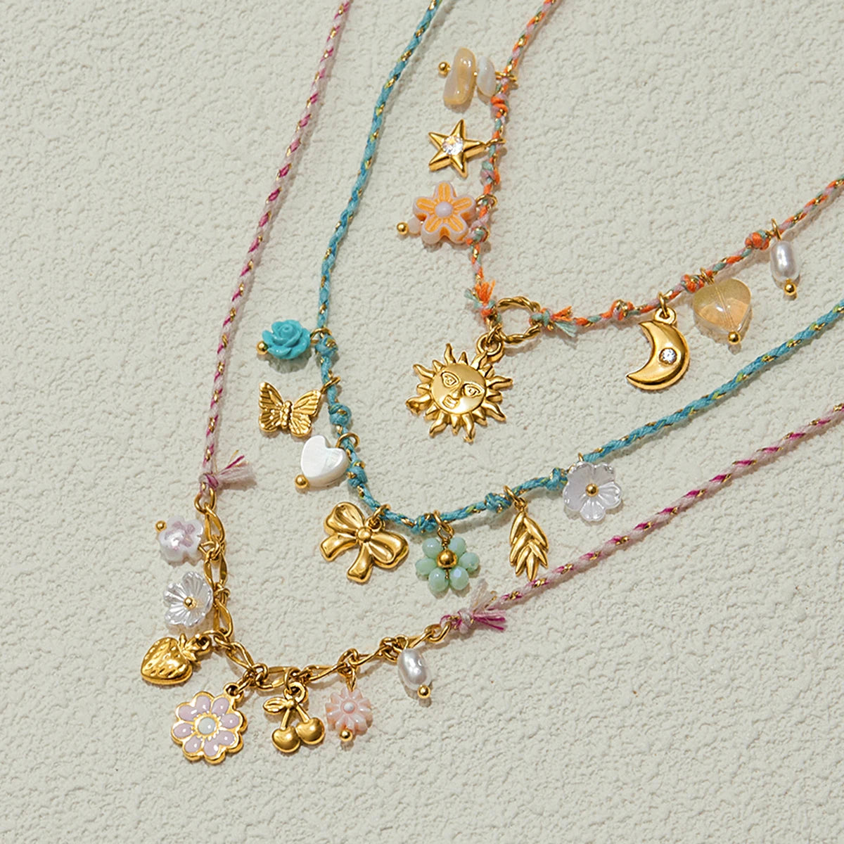 Bohemian Summer Flower Moon Sun Colorful Rope Pendant Necklace