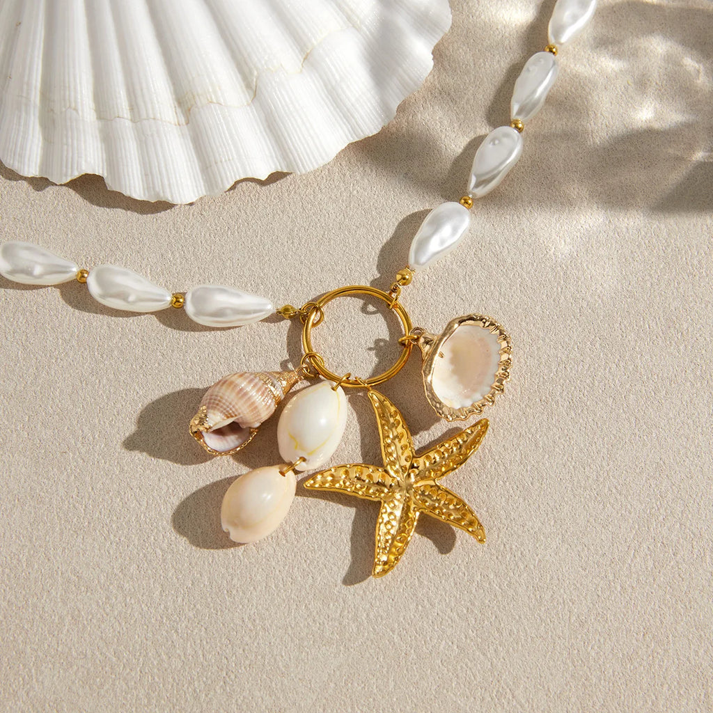 Pearl Chain Starfish Shell Pendant Necklace And Earrings