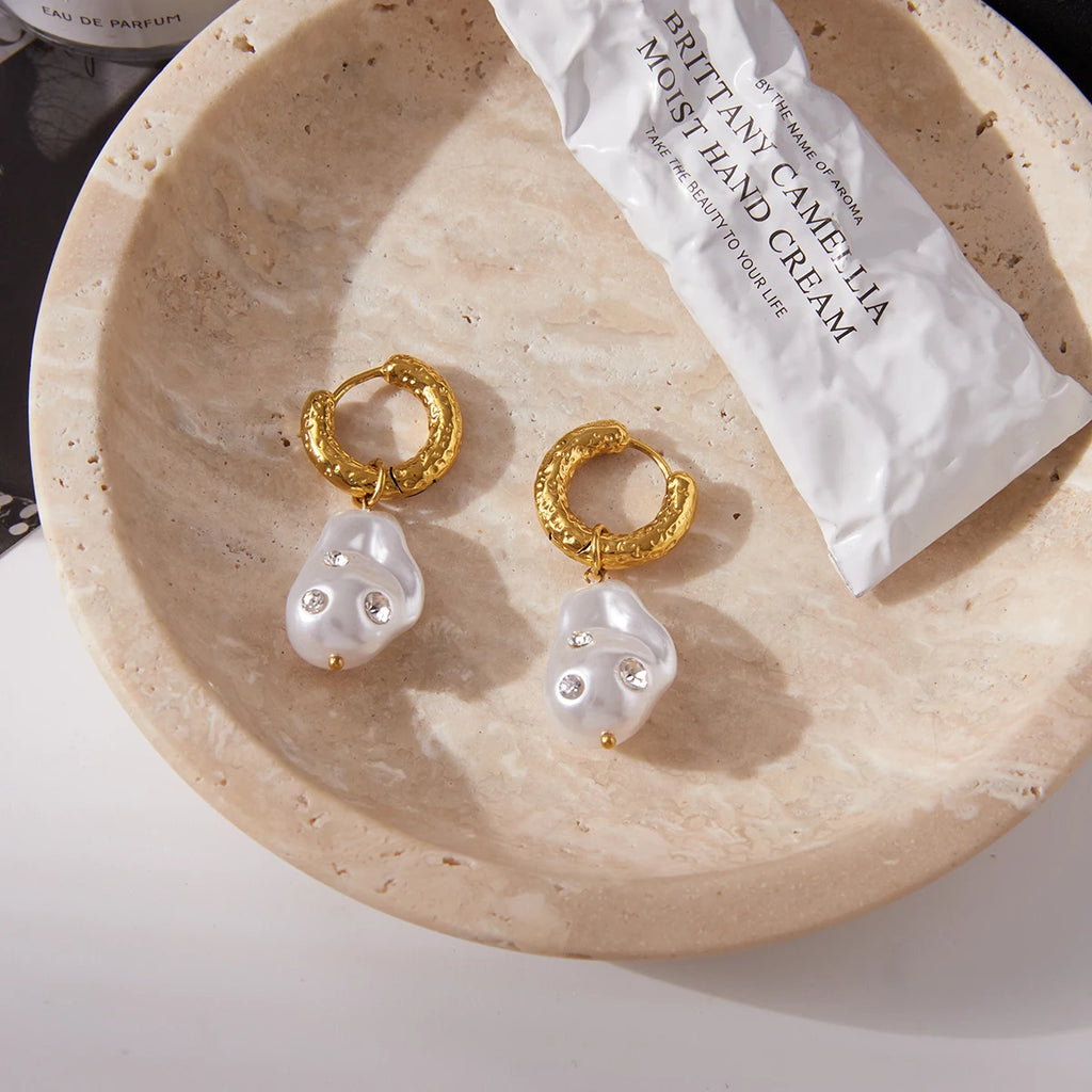 Elegant White Zircon Baroque Pearl Earrings
