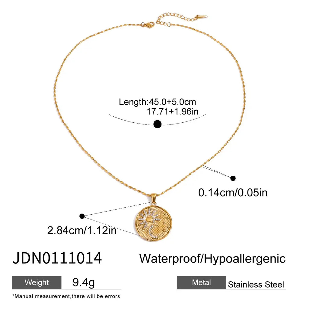 Classic Retro Gold Plated Stainless Steel White Zircon Sun Moon Star Circle Pendant Necklace