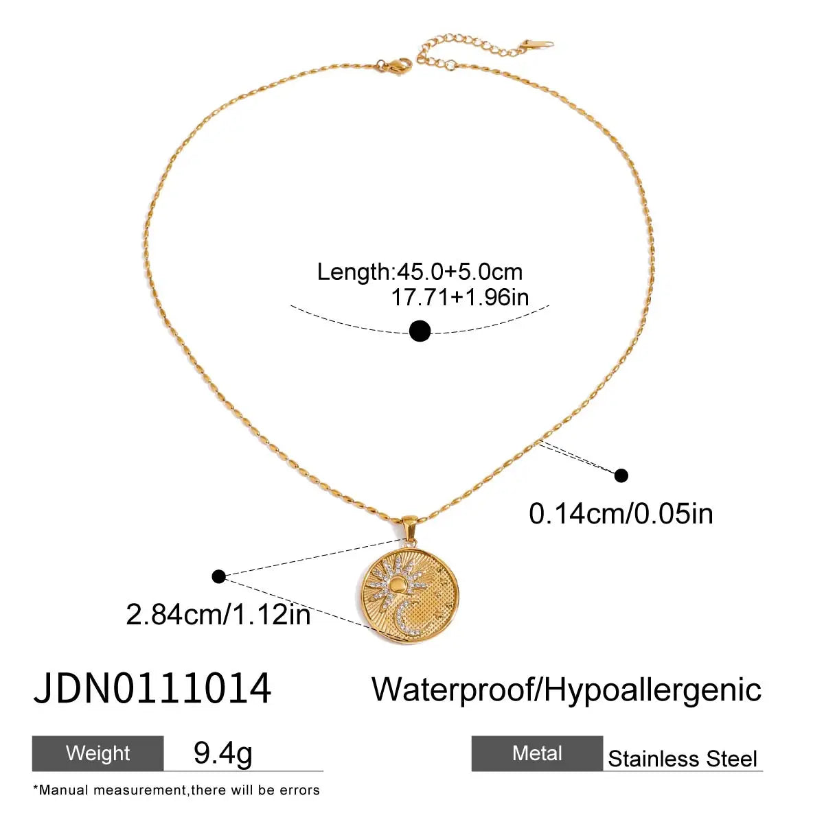 Classic Retro Gold Plated Stainless Steel White Zircon Sun Moon Star Circle Pendant Necklace