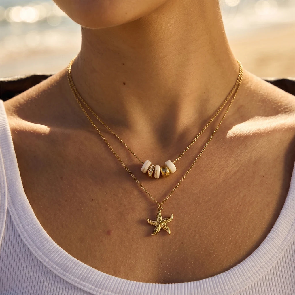 Double-layer Conch Starfish Pearl Peadant Necklace