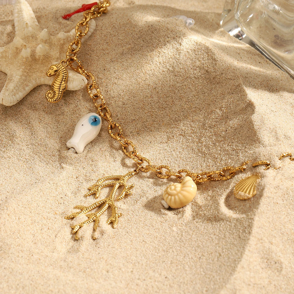 Coral Ceramic Shells Charm Pendant Necklace