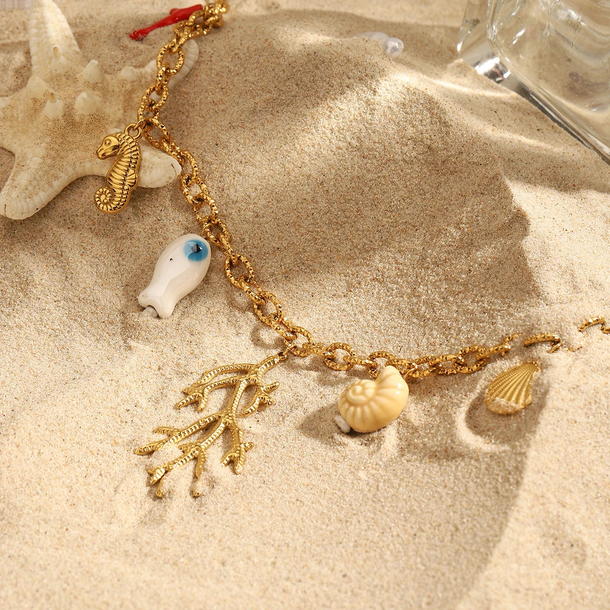 Coral Ceramic Shells Charm Pendant Necklace