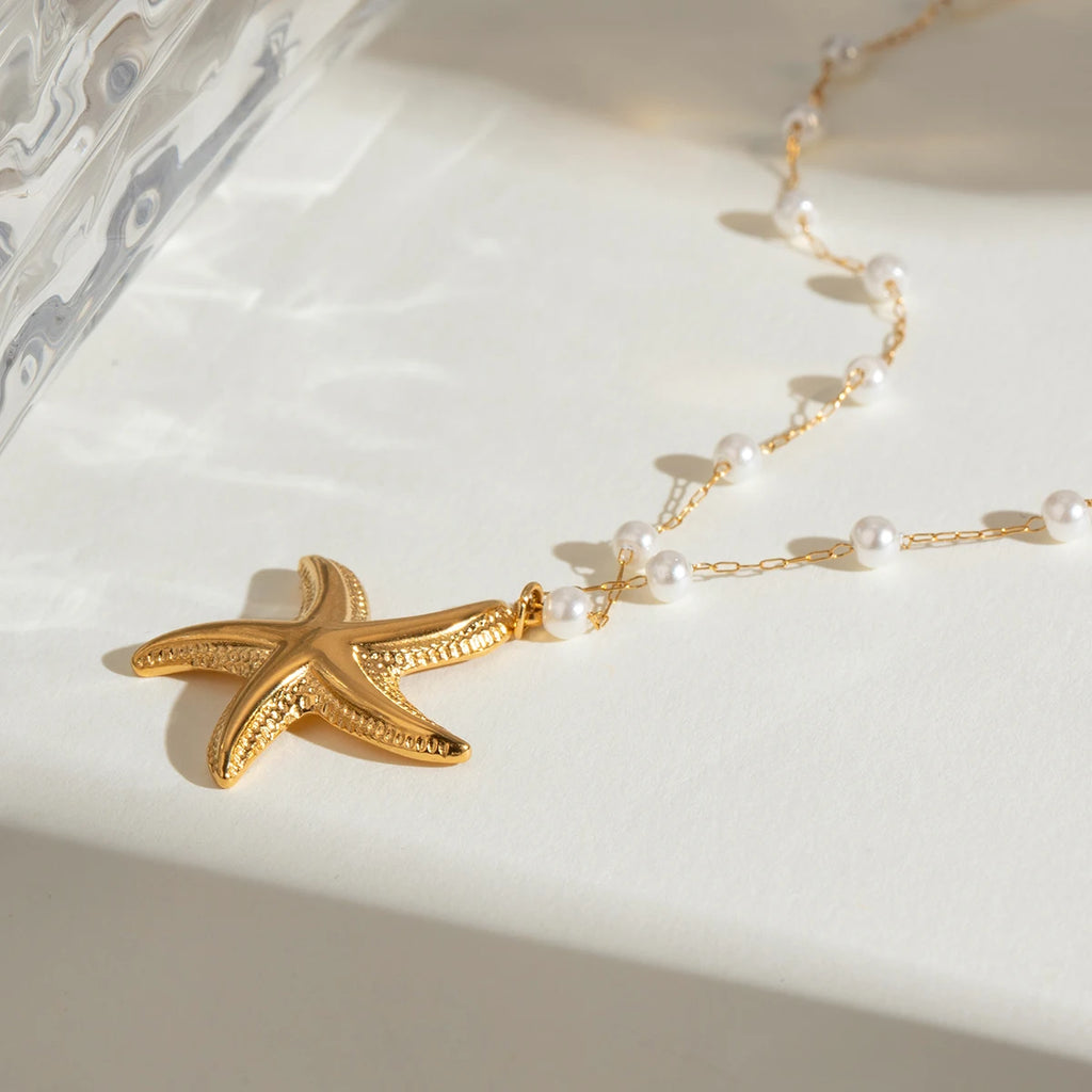 Patterned Starfish Imitation Pearl Necklace And Ring