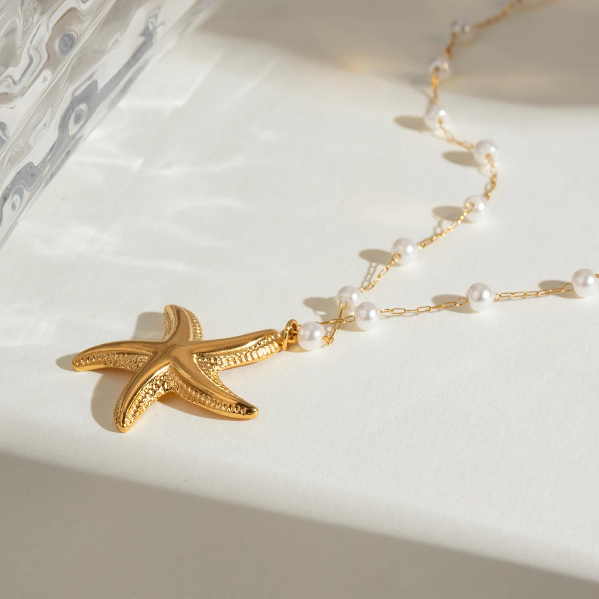 Patterned Starfish Imitation Pearl Necklace And Ring