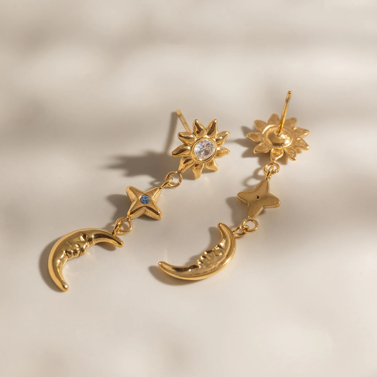 Classic Blue White Zircon Sun Moon Star Earrings