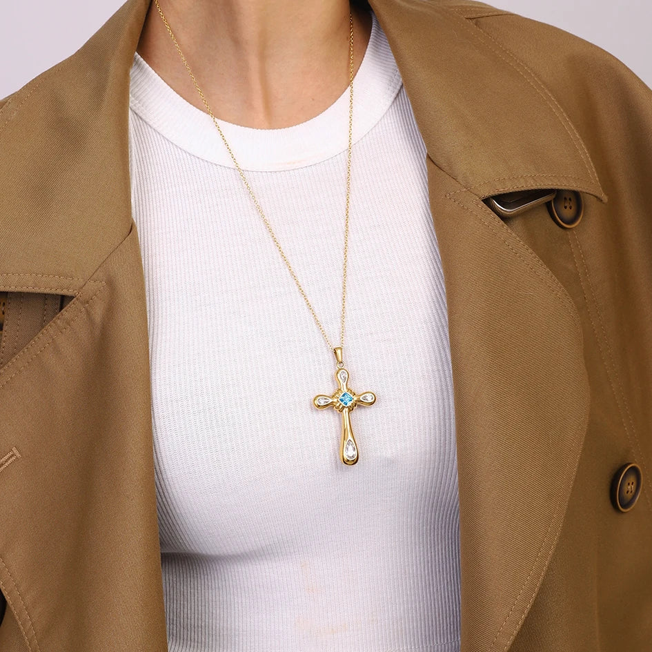 Statement Unique Geometric Zircon Cross Pendant Necklace