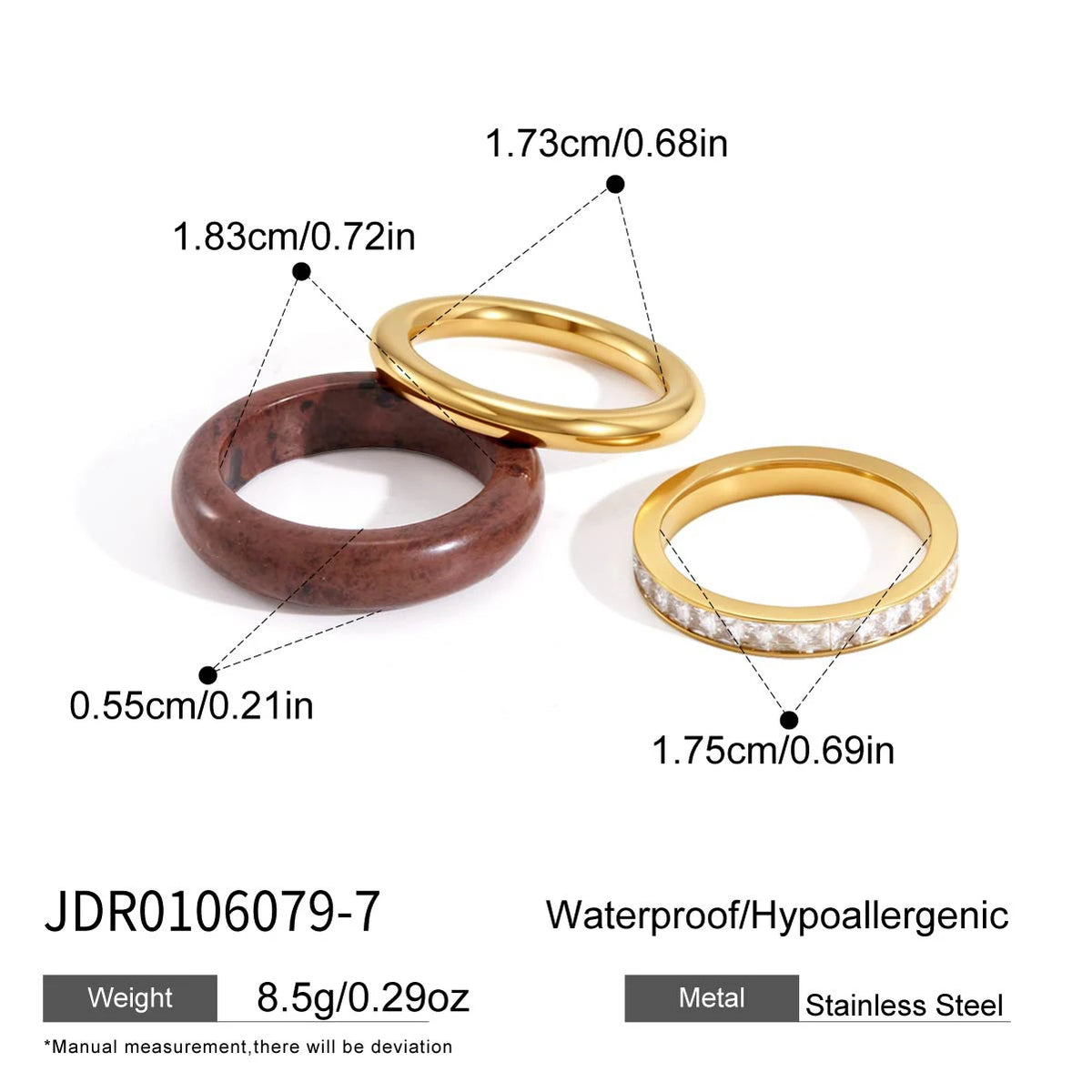 3Pcs/set Natural Stone Rhinestone Rings