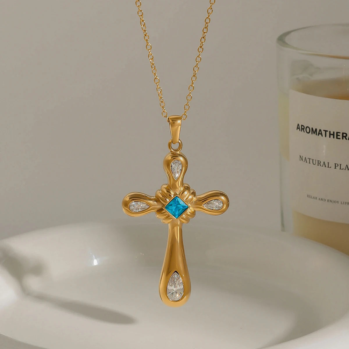Statement Unique Geometric Zircon Cross Pendant Necklace