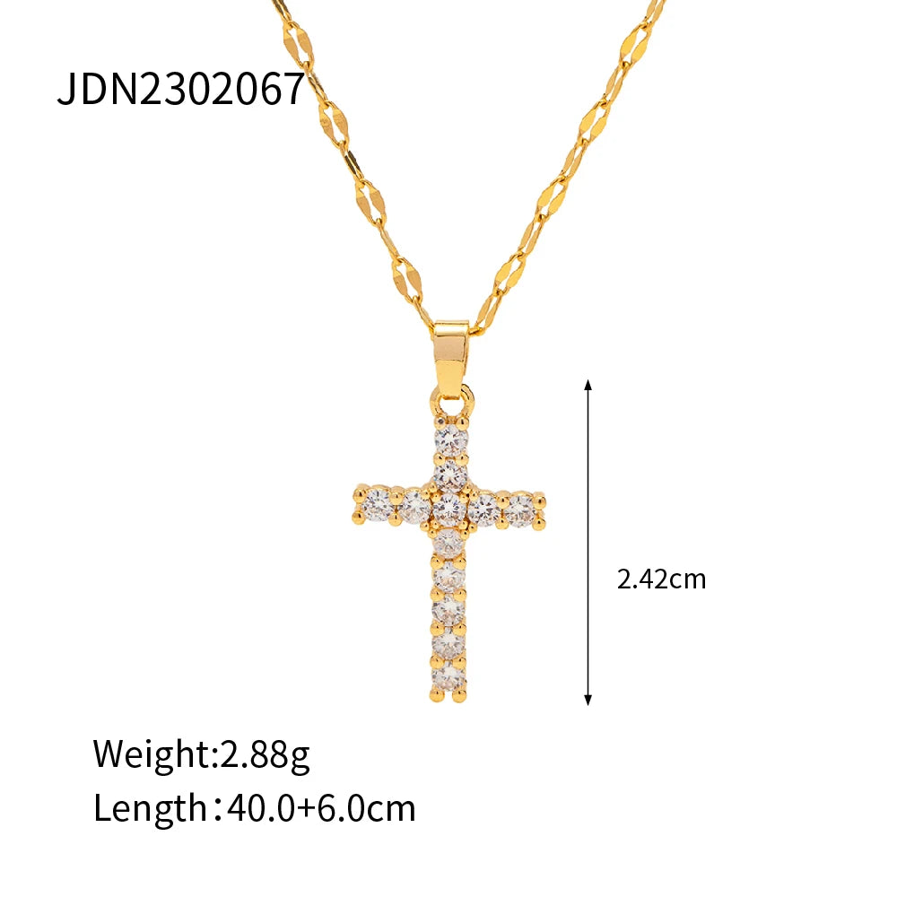 Paperclip + Glossy Pentagram Cross with Zirconia Pendant Necklace