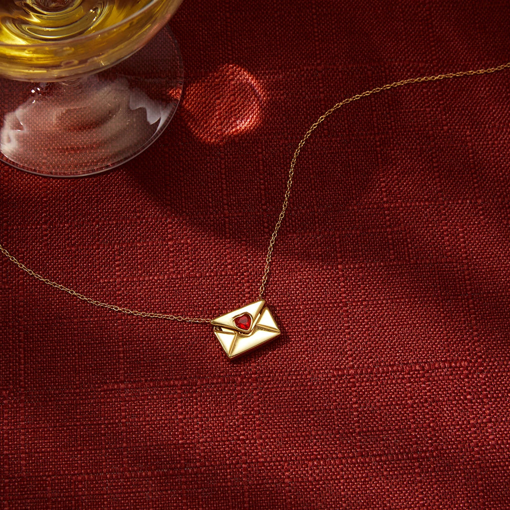 Romantic Red Zircon Heart Envelope Pendant Necklace