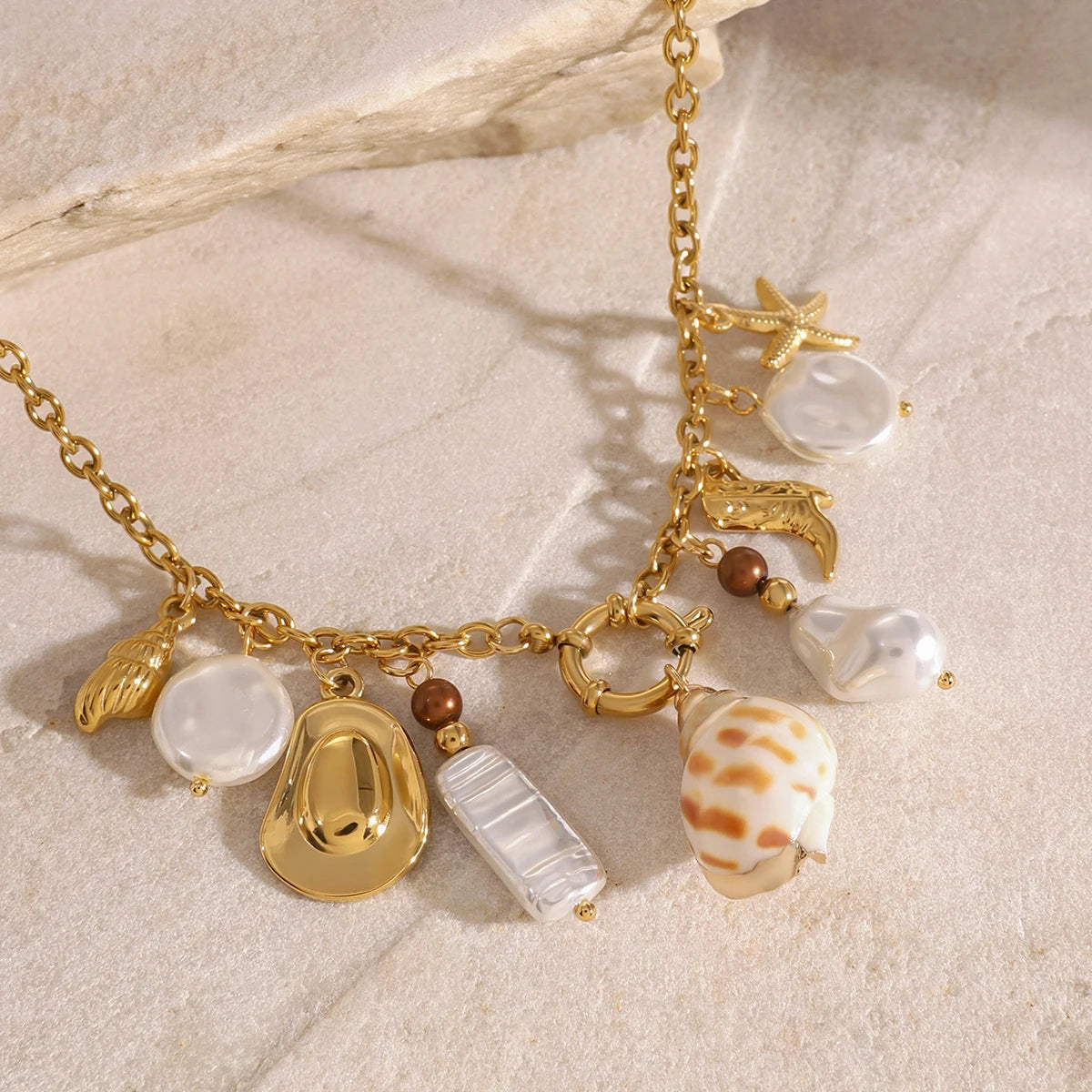 Bohemian Stainless Steel Pearl Starfish Pendant Necklace
