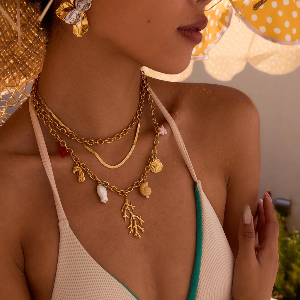 Coral Ceramic Shells Charm Pendant Necklace
