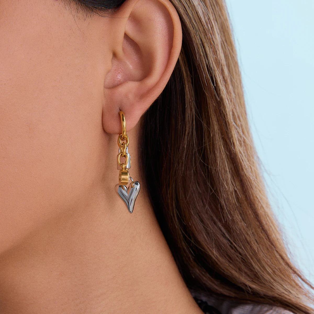 Minimalist Gold&Silver White Zircon Love Heart Lock Pendant Earrings