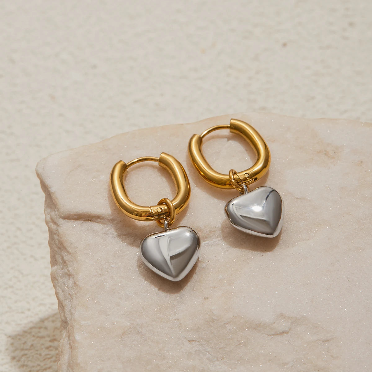 Gold Silver Stainless Heart Dangle Earrings