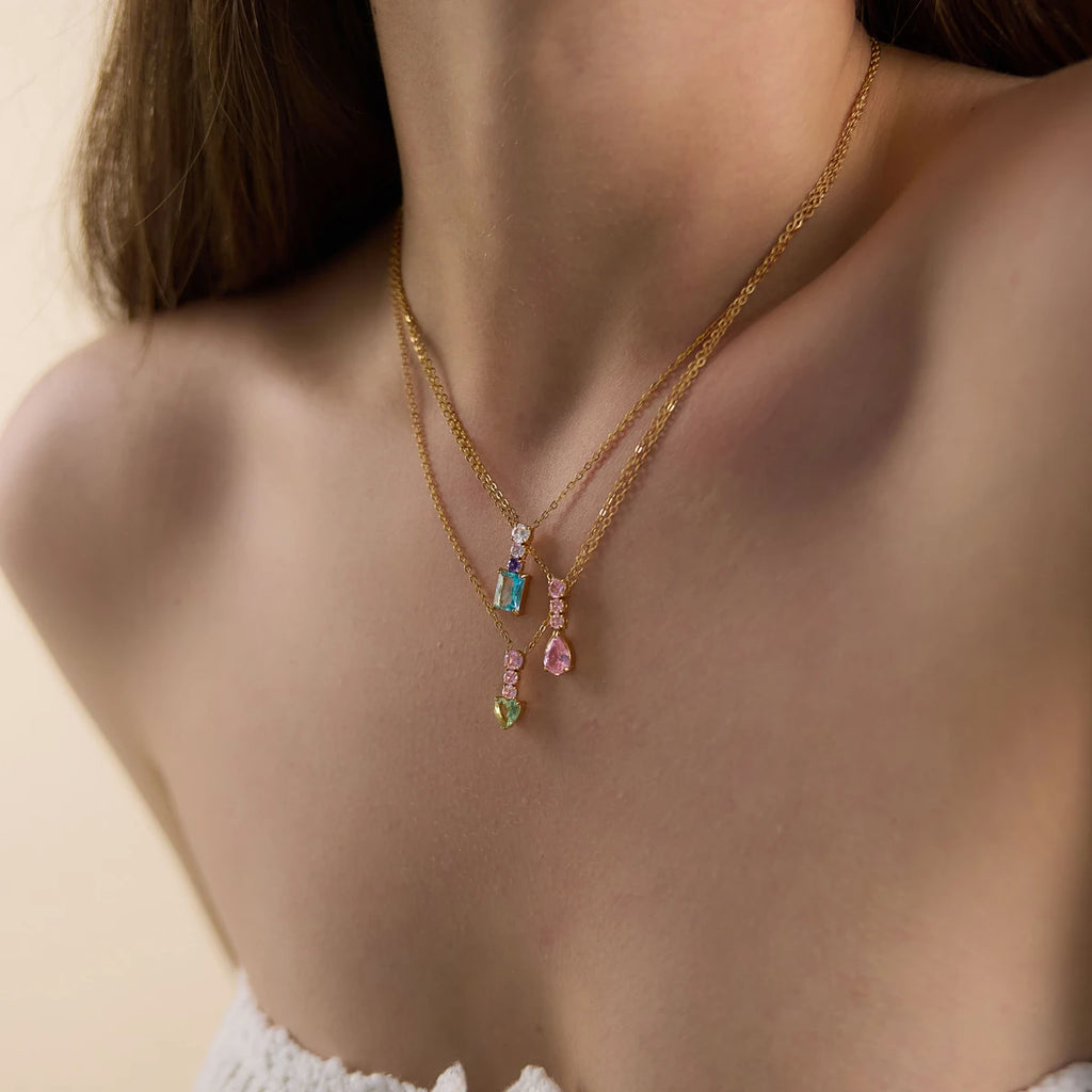 Sweet Color Zircon Heart Geometric Pendant Necklace