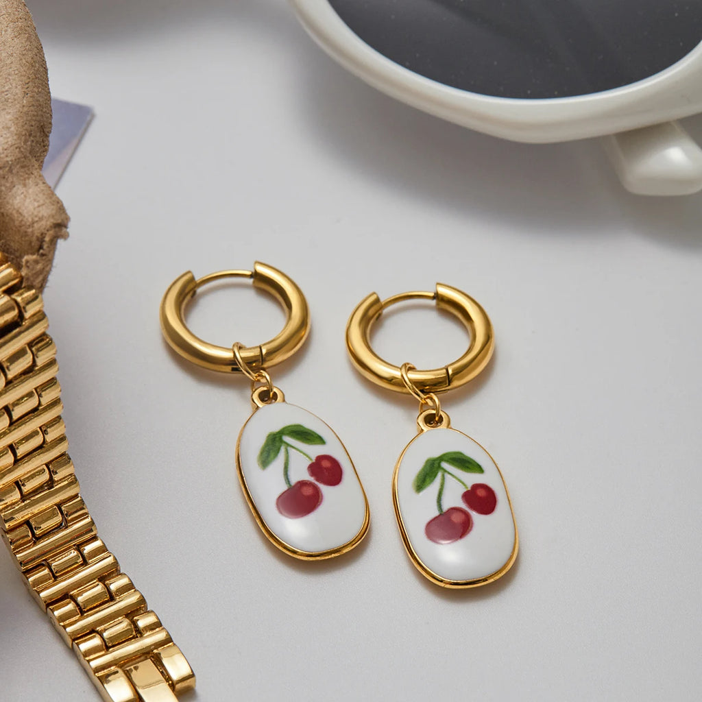Strawberry Cherry Oil Drip Drop Hoop Earring