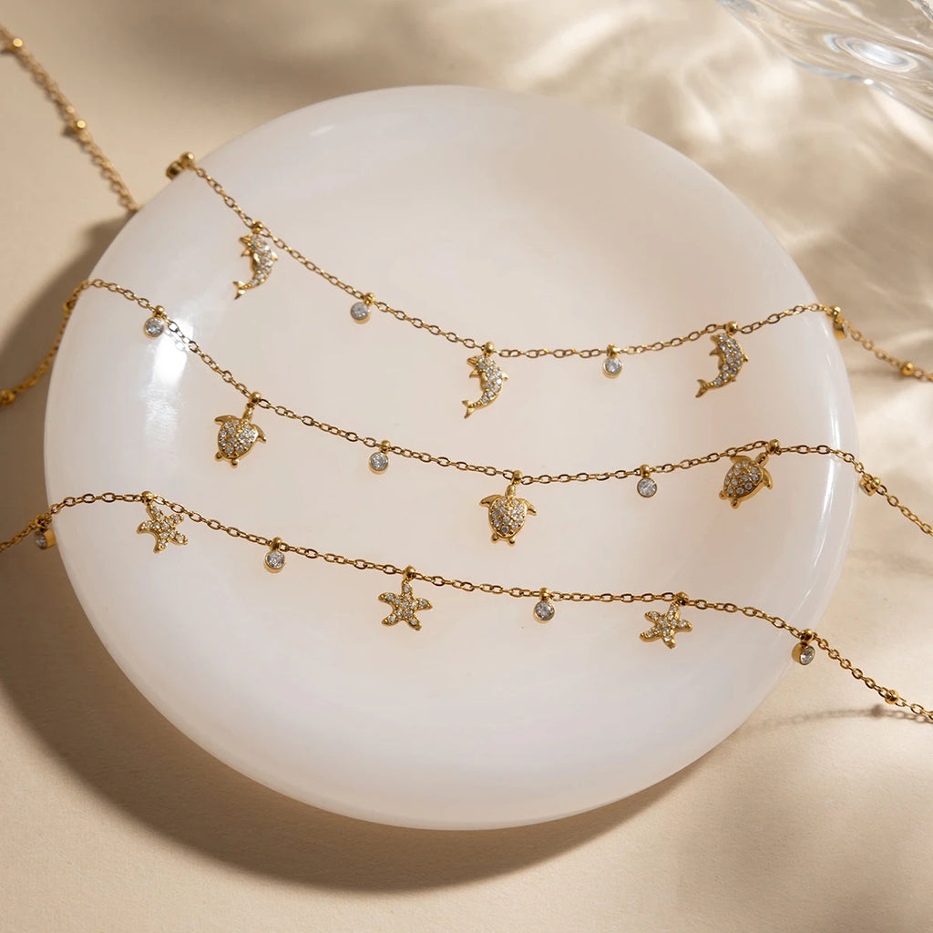 Delicate Crystal Starfish Turtle Dolphin Pendant Necklace