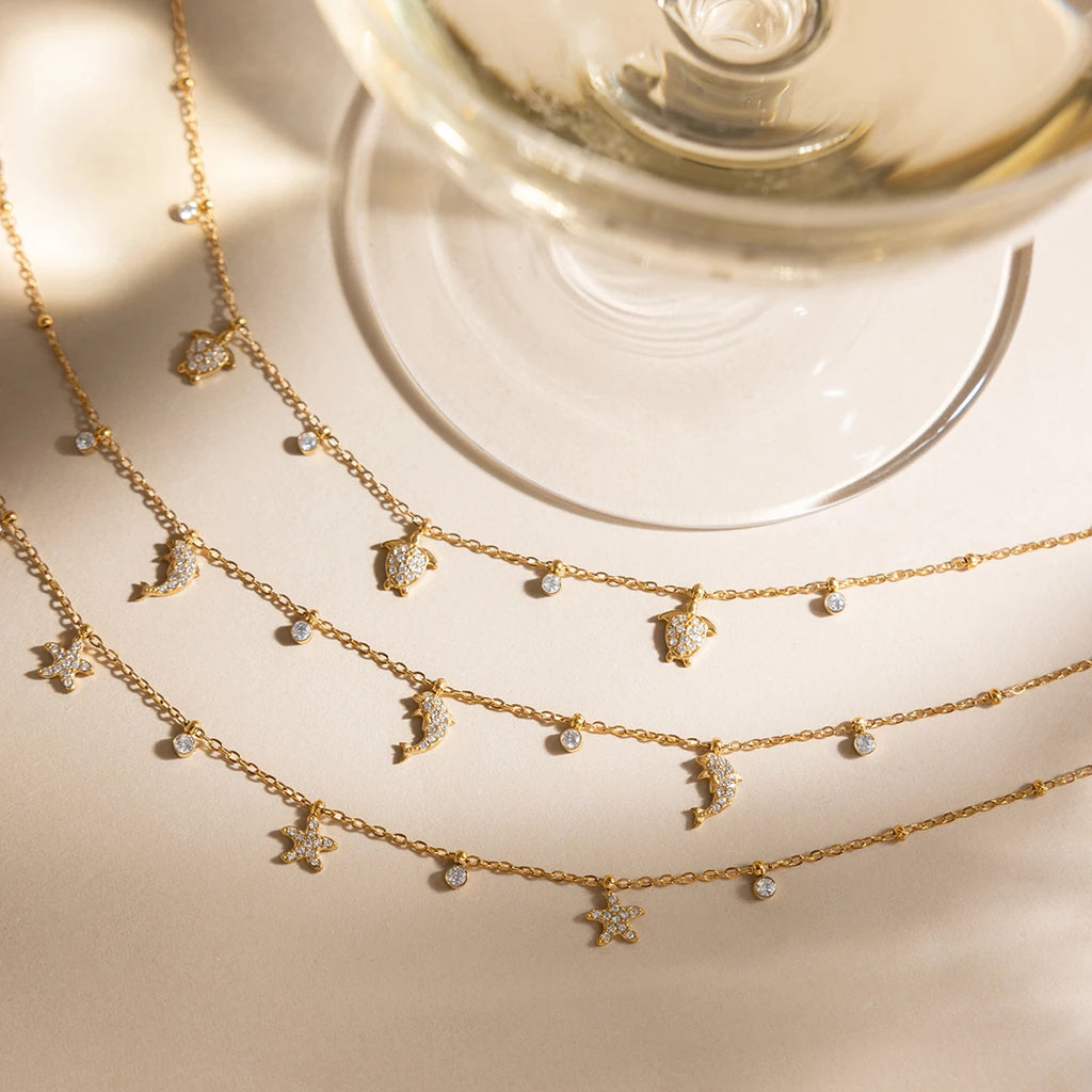 Delicate Crystal Starfish Turtle Dolphin Pendant Necklace