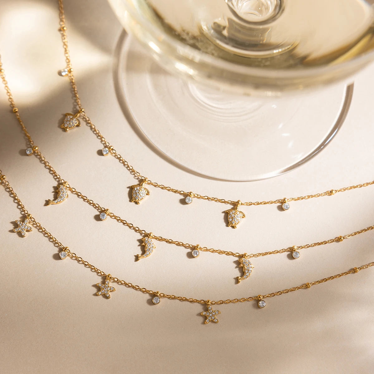 Delicate Crystal Starfish Turtle Dolphin Pendant Necklace