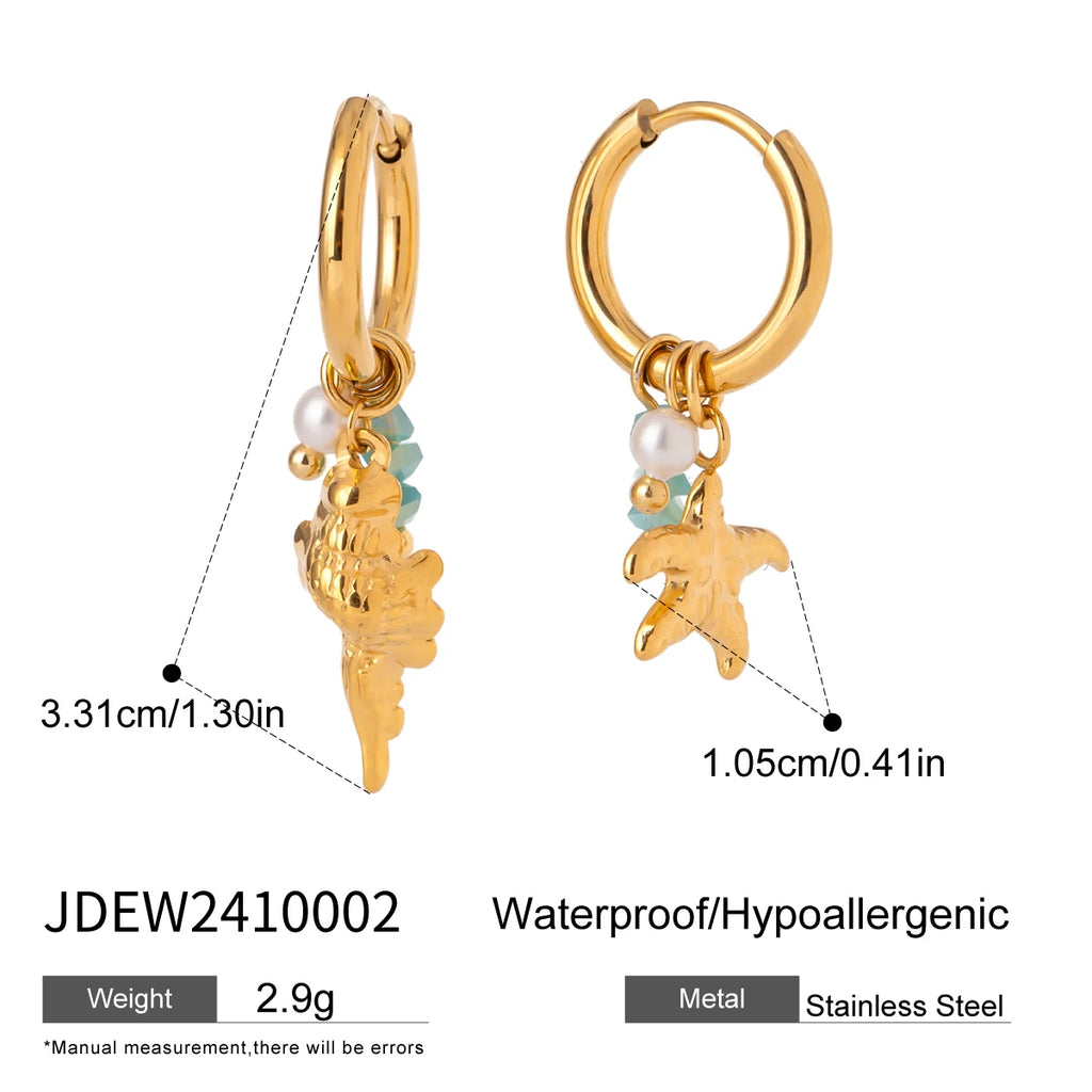 Pearl Hammer Pattern Starfish Conch Drop Earrings