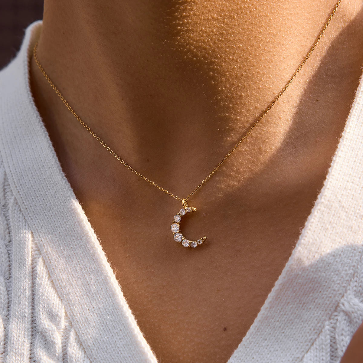 Classic Cubic Zirconia Moon Pendant Necklace