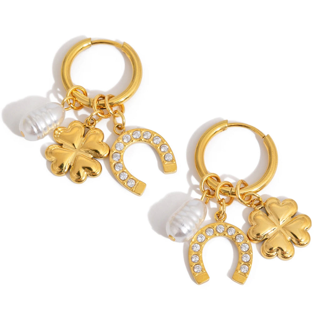 Lucky Crystal Horseshoe Pearl Drop Earrings