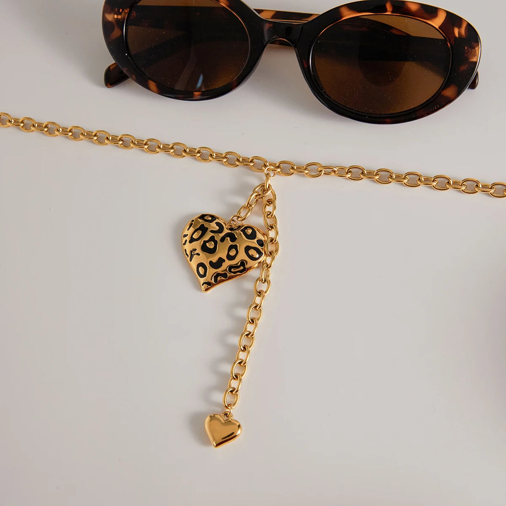 Leopard Print Oil Drip Heart Pendant Necklace