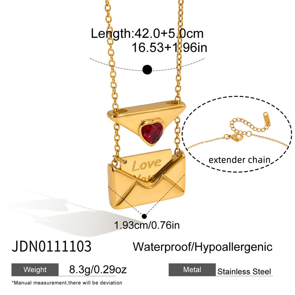 Romantic Red Zircon Heart Envelope Pendant Necklace