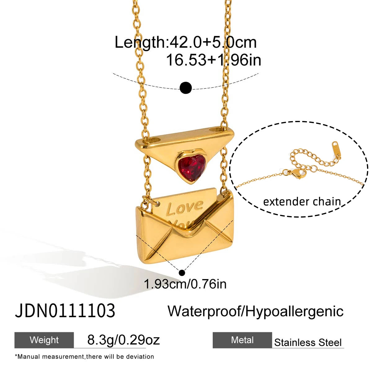 Romantic Red Zircon Heart Envelope Pendant Necklace