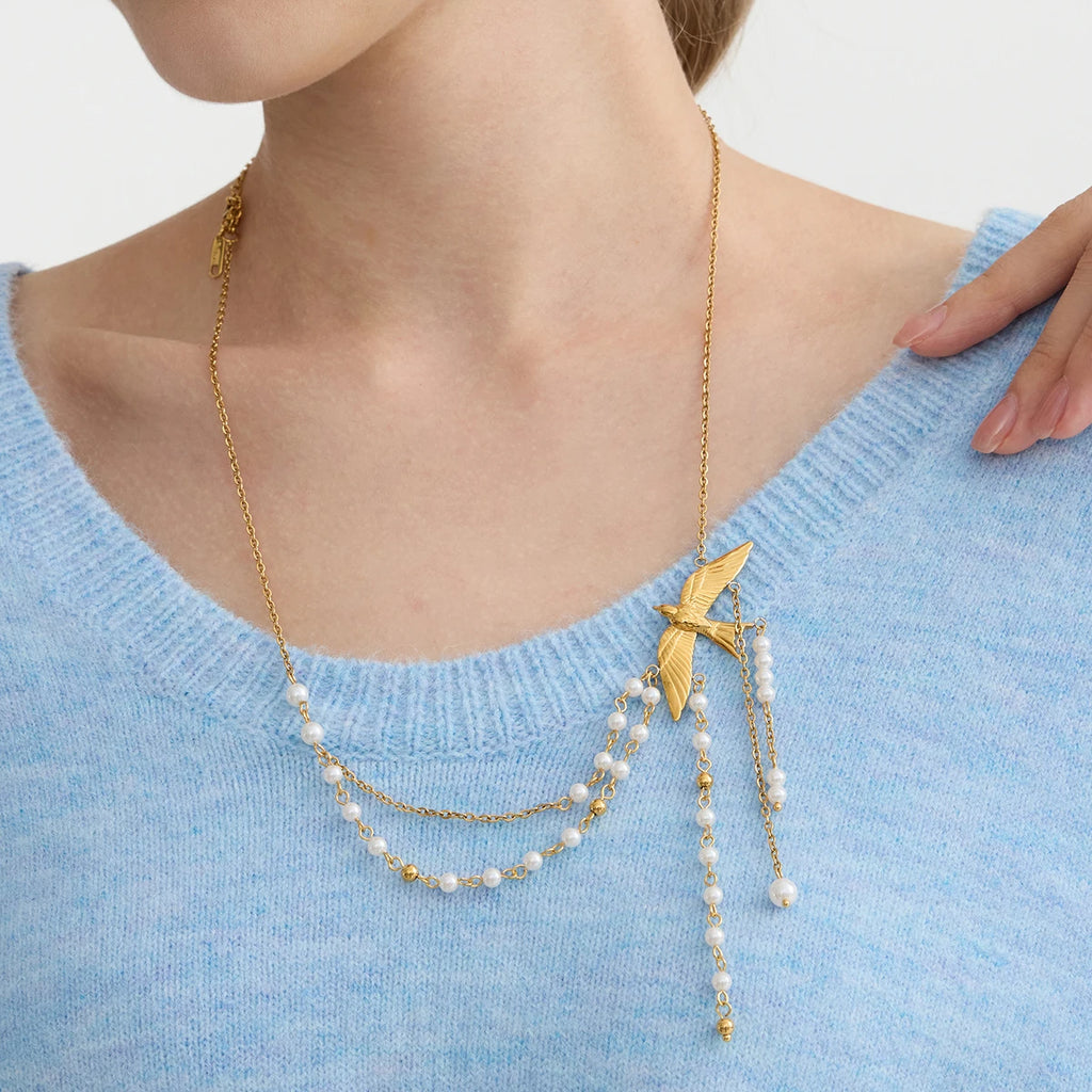 Elegant Swallow Pendant Pearl Tassel Necklace