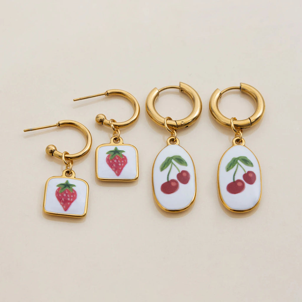 Strawberry Cherry Oil Drip Drop Hoop Earring