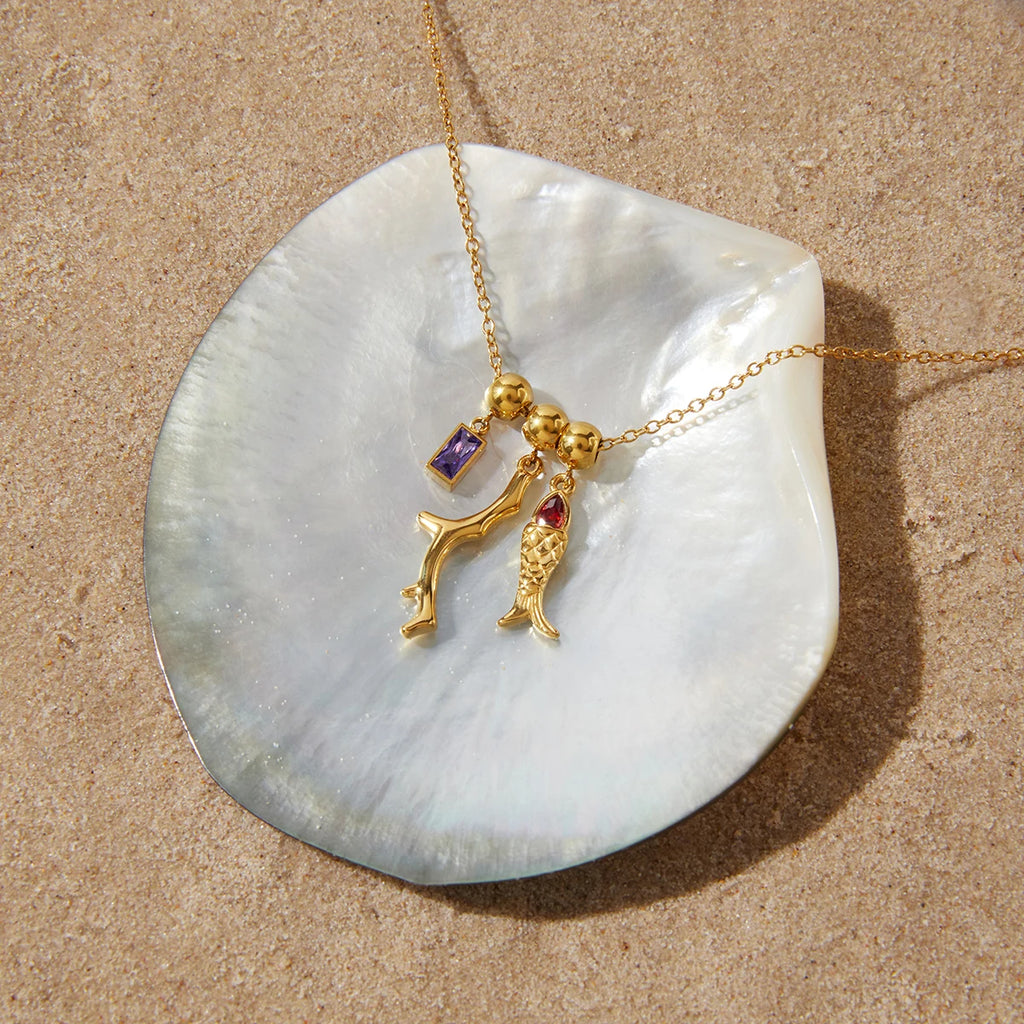 Coral Red Zircon Fish Pendant Necklace