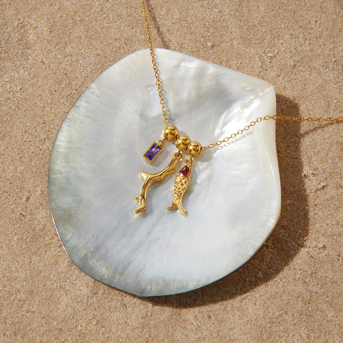 Coral Red Zircon Fish Pendant Necklace