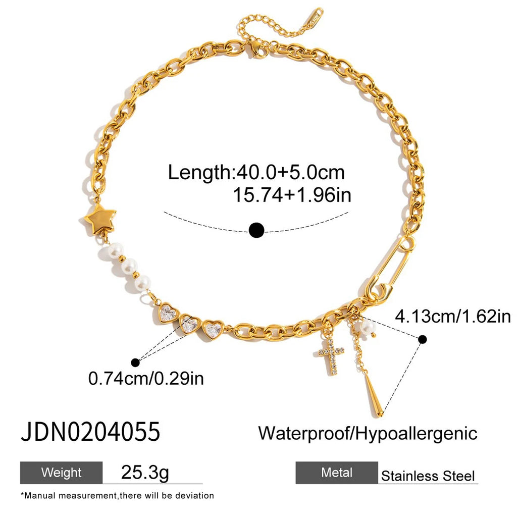 Minimalist Heart Cross Pearl Waterproof Necklace