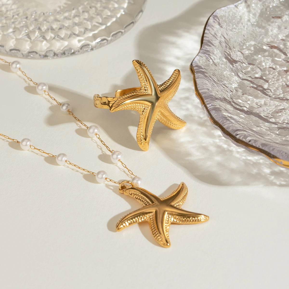 Patterned Starfish Imitation Pearl Necklace And Ring