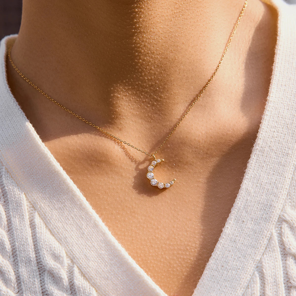 Classic Cubic Zirconia Moon Pendant Necklace