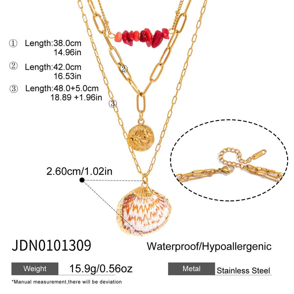 Natural Red Stone Shell Coin Pendant Necklace