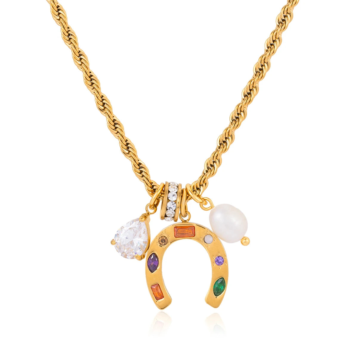Colorful Crystal Horseshoe Pendant Necklace