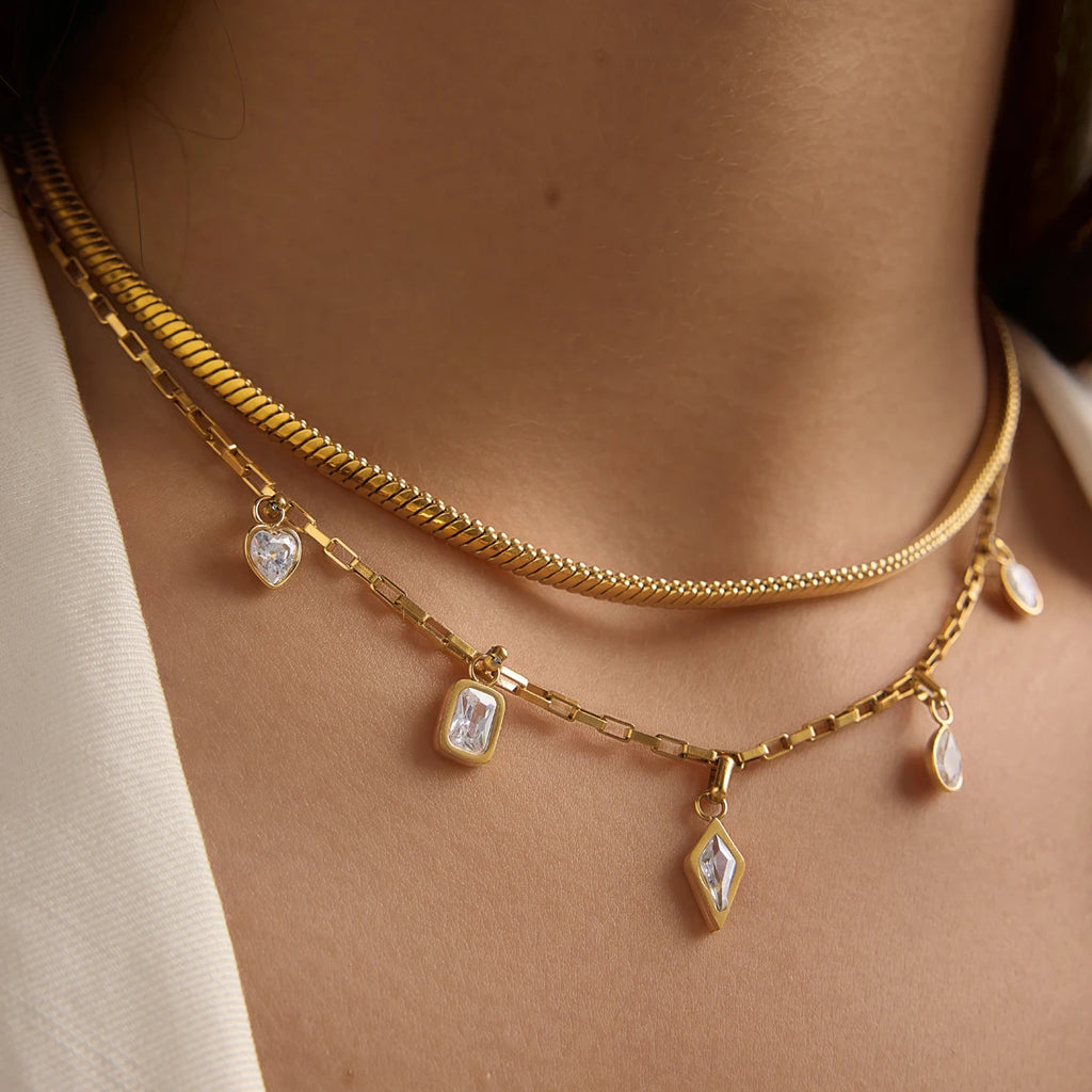 Geometric Heart Zircon Pendant Necklace