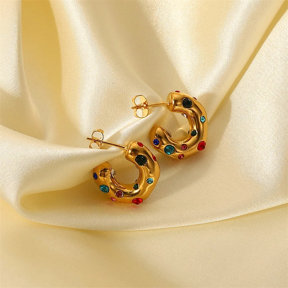 Stainless steel Earrings irregular C shape ear studs 18K Gold Plated Colored Zircon Jewelry For Women Simple Fashion Jewelry Gif