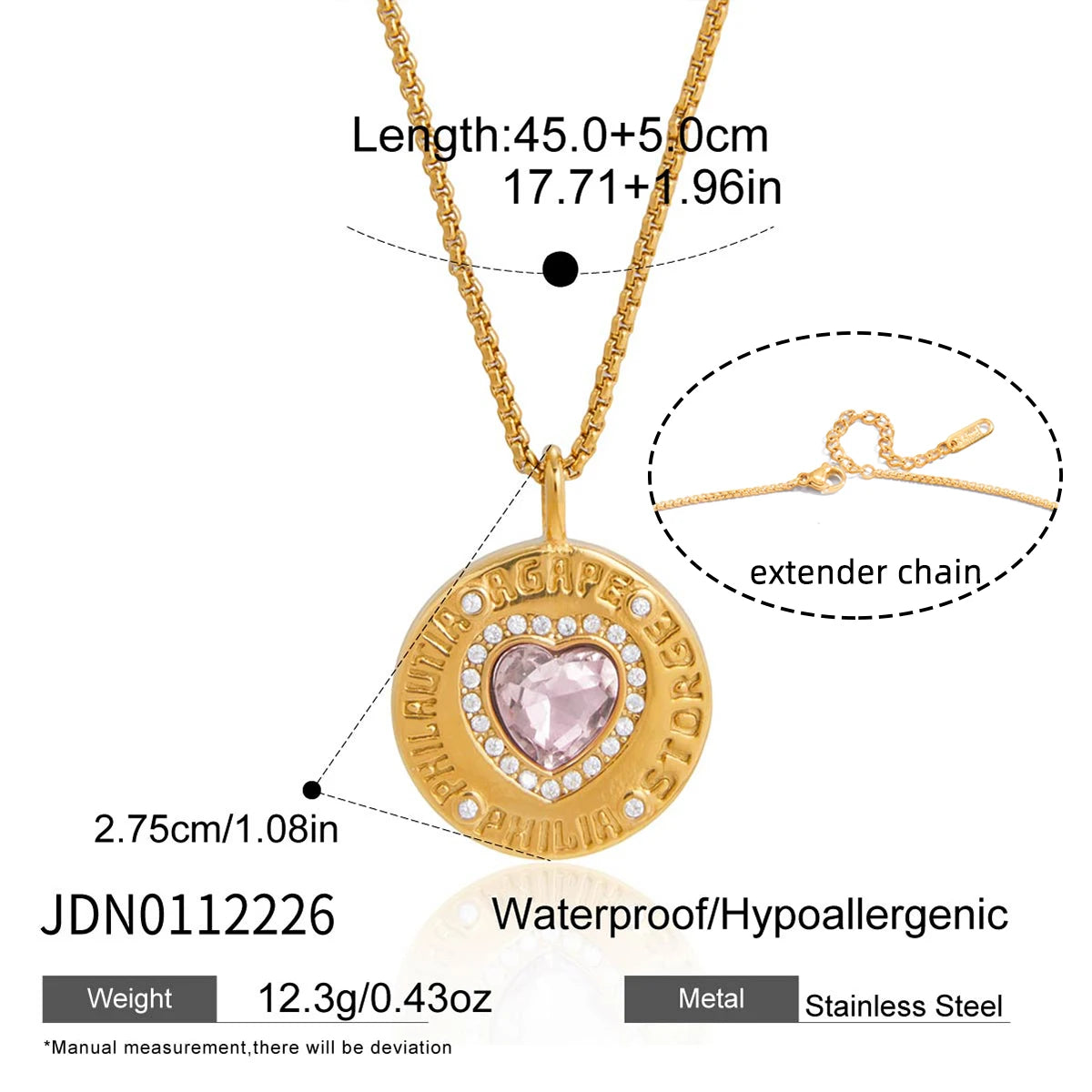 Crystal Heart Round Zircon Coin Pendant Necklace
