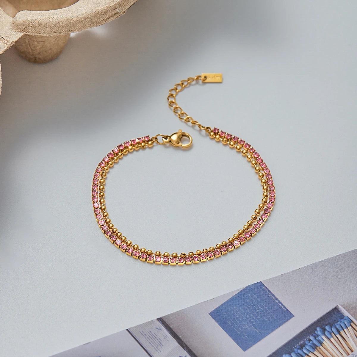 Pink Rhinestones Double Layers Chain Bracelet