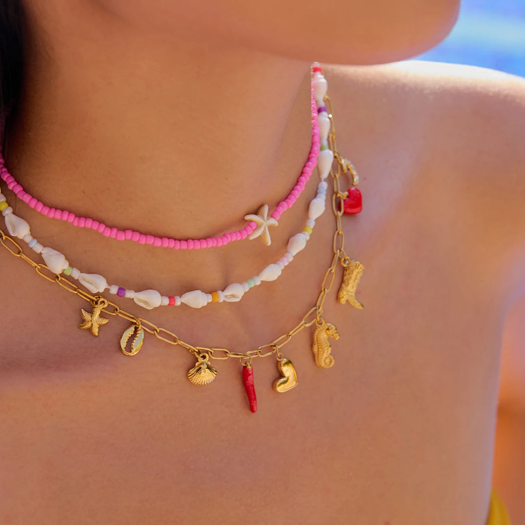 Bohemian Minimalist Geometric Starfish Pink Beads Necklace