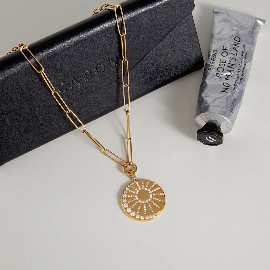 Minimalist Full Crystal Moon Sun Pendant Necklace